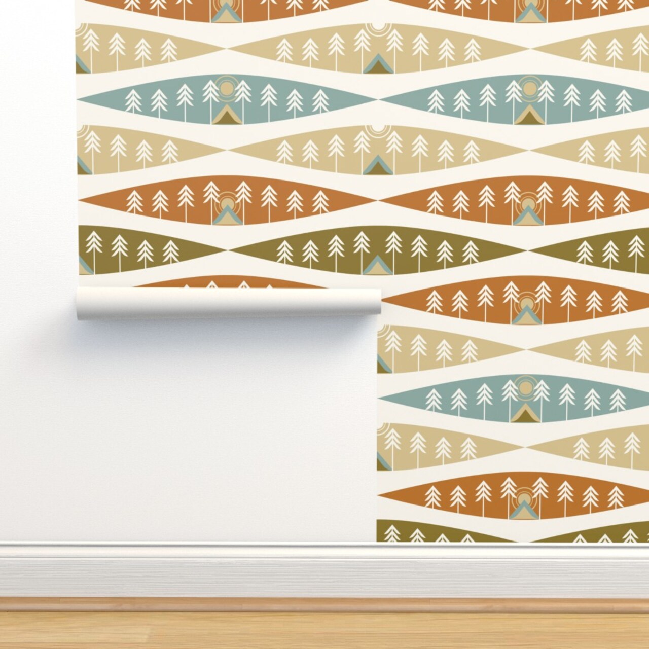 Camping Earth Tones Adventure Exploration Great Outdoors Tents Trees Nature Sunrise Sunset Red Beige Cozy Hygge Custom Removable Wallpaper by Spoonflower Peel & Stick Wallpaper 2FT Wide